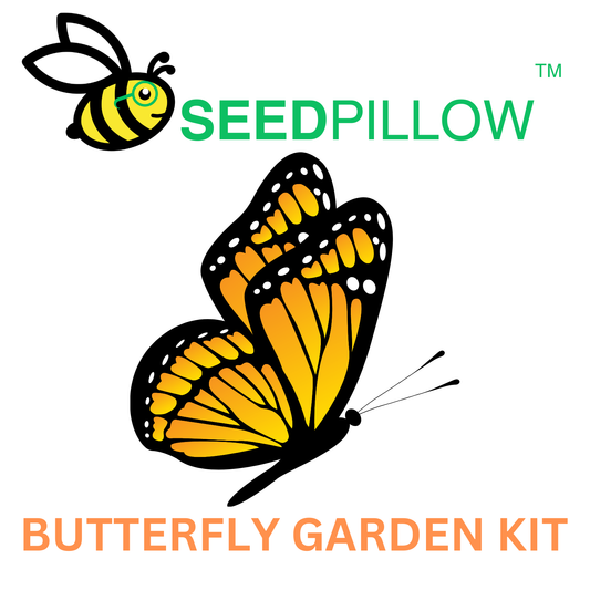 Logo of the Butterfly Garden Seedpillow Kit featuring an illustration of a butterfly and the name of the kit.
