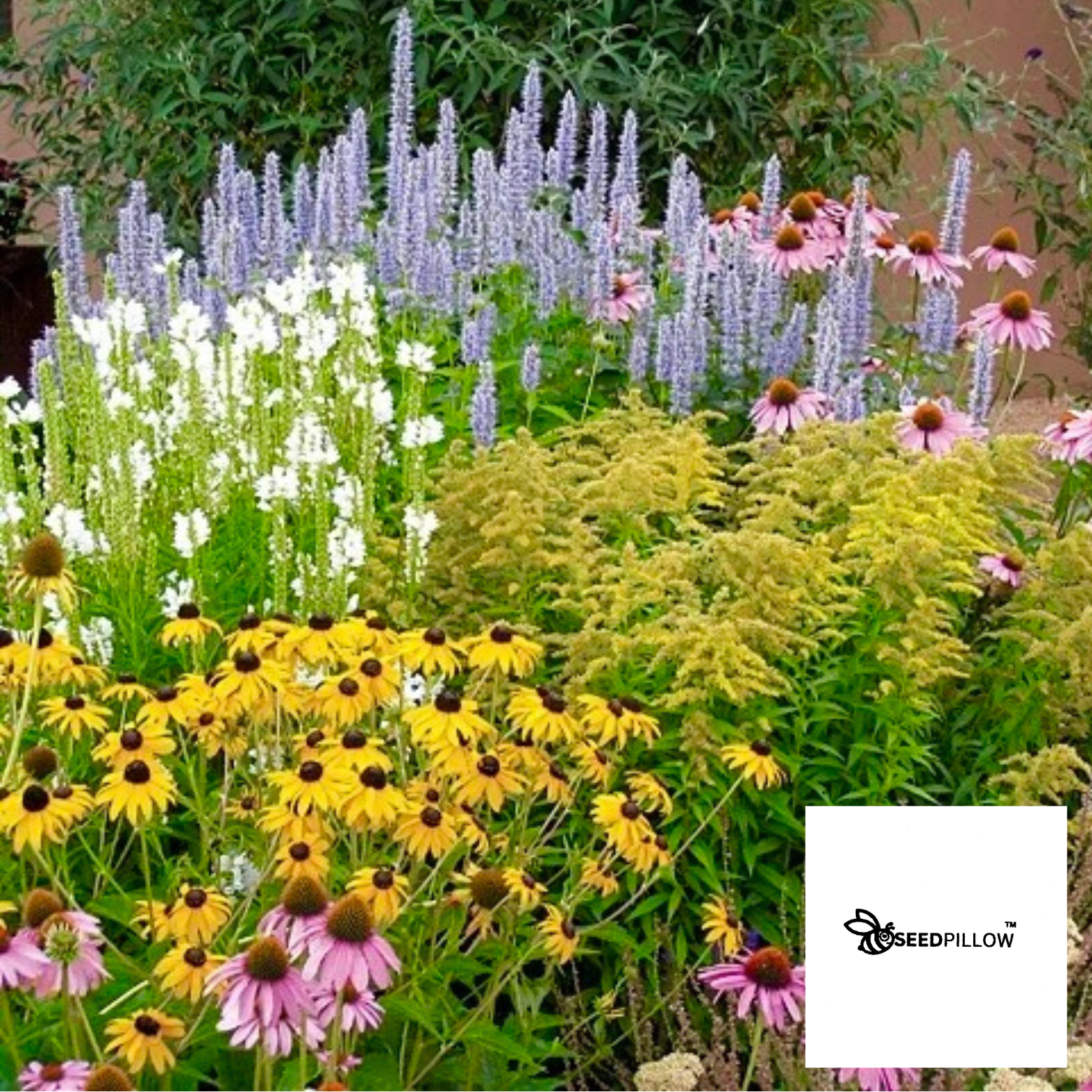 A garden bed with a variety of colorful flowers, including yellow, pink, and purple plants, with a white packet labeled 'SeedPillow' in the foreground.