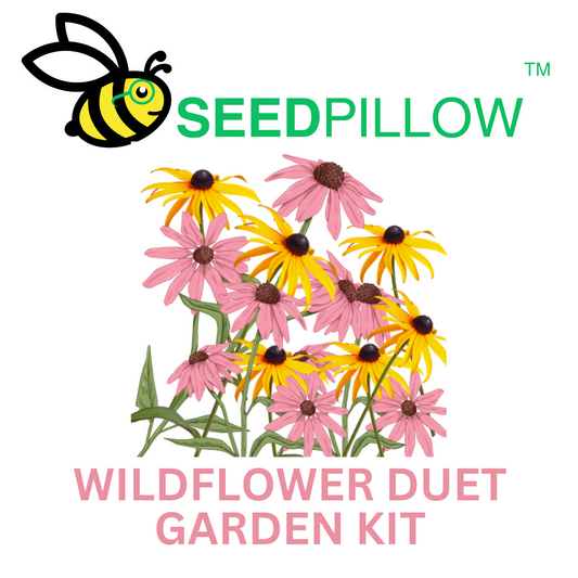 The image features the product name 'Wildflower Duet Garden Kit' with a illustration of yellow and purple flowers and a bee, indicating a mix of black-eyed Susan and purple coneflower.